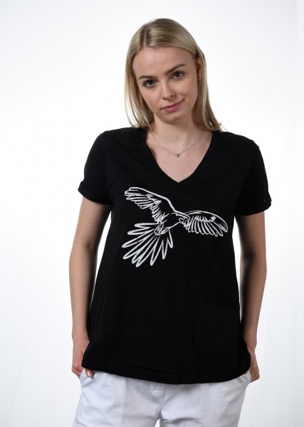 T-Shirt, schwarz in A-Linie mit Papageienmotiv
