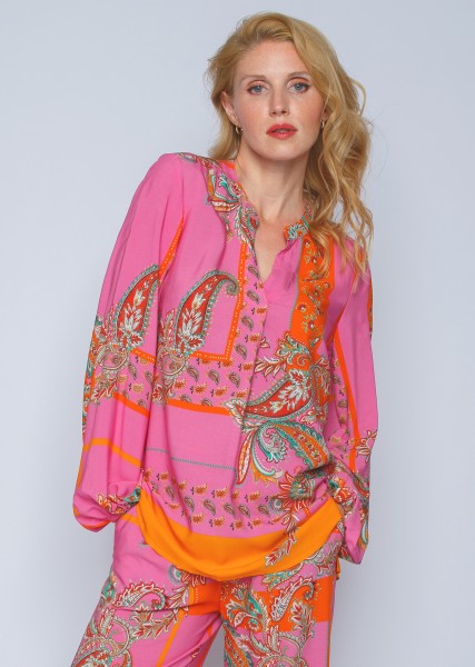 Shirtbluse mit Stehkragen - pink-orange Paisleyprint