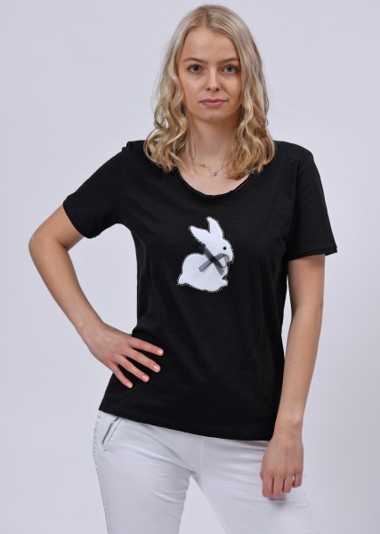 T-Shirt mit Hasenmotiv und Strass - schwarz