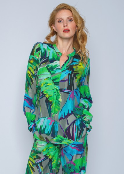 Shirtbluse mit Stehkragen in Multicolor Palmen Print